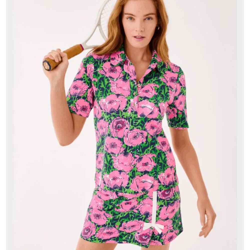 NWT Lilly Pulitzer UPF 50+ Luxletic Via Flora Polo-Low Tide Navy Florrie- Size L